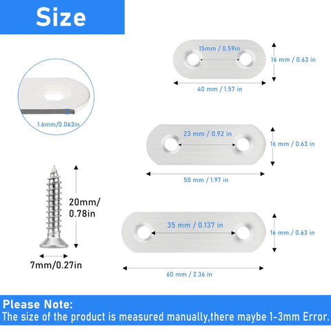 Forty Piece Heavy Duty Stainless Steel L Brackets showing size dimensions and screws for furniture repair kit.