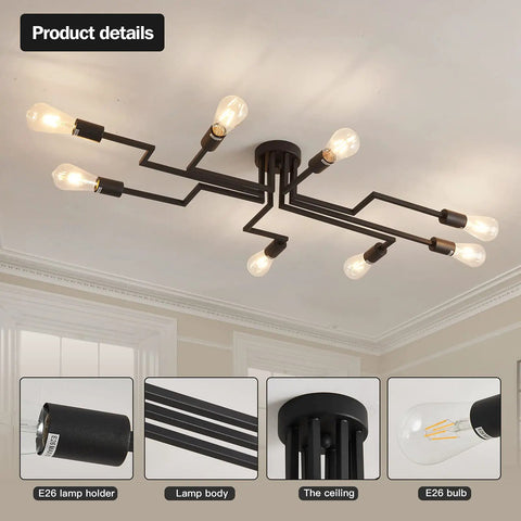 8 Light Sputnik Ceiling Light Fixture Semi Flush Mount Chandelier For Farmhouse Dining Room Living Room Bedroom Kitchen Sleek Modern Lighting E26 LED Compatible Bulbs Not Included