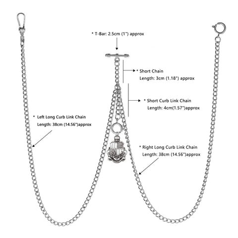 Dope Men's Double Albert Chain Pocket Watch T Bar Chain With Curb Link Three Hooks And Antique Shield Silver Pendant Fob Charm Vest Clip Accessory Total Length 28.5 Inches For Classic Dress Or Everyday Style