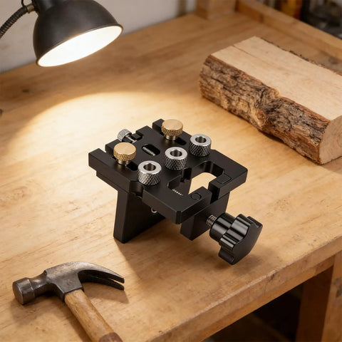 Heavy Duty Woodworking Doweling Jig Kit with Self Centering Anodized Aluminum Body and 6 8 10 mm Drill Bits plus 12mm Eccentric Wheel on workbench.