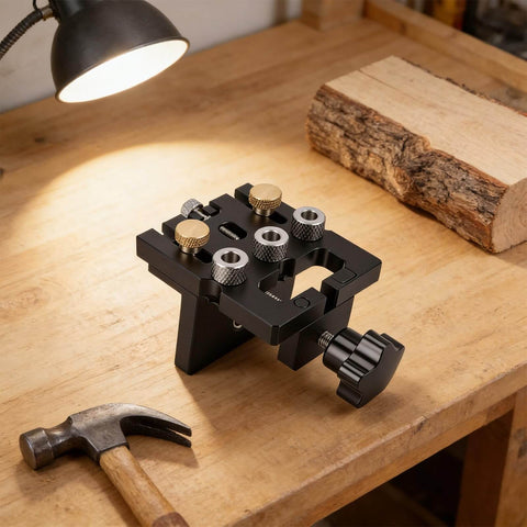 Self Centering Doweling Jig 3 In 1 Precision Woodworking Tool With 6mm 8mm 10mm Drill Bits And 12mm Eccentric Wheel on workbench