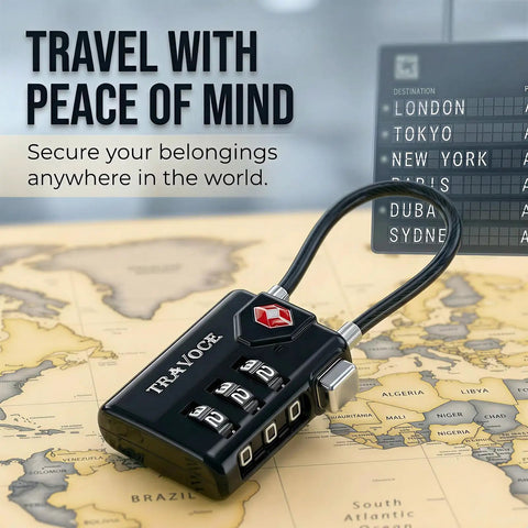 TSA Approved 3 Digit Combination Cable Locks, Heavy Duty 4 Pack With Red Search Alert on a world map background
