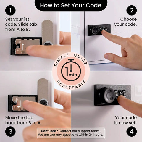 Instructions for setting the 3-digit code on the Premium Lock Box, showing reset process on shatter-resistant lockable storage.