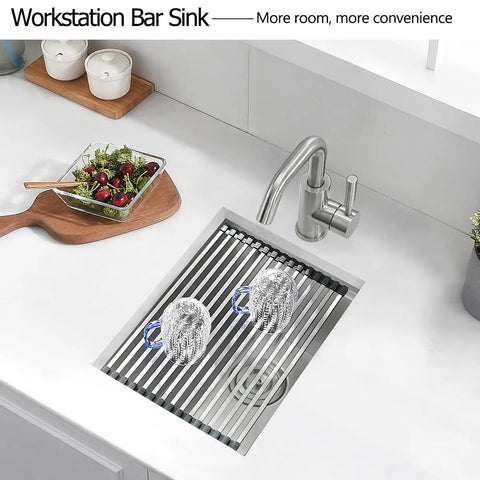 Undermount Stainless Steel Kitchen Bar Sink 15 x 18 x 9 Inches 18 Gauge Heavy Duty Workstation with brushed finish