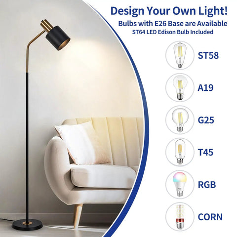 Tall 65 Inch Modern Industrial Floor Lamp With Black And Gold Copper Accents, 360 Degree Adjustable Lampshade by a sofa.