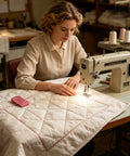 Woman sewing on a machine with quilt, using Seam Guide With Magnetic Alignment For Sewing Machines, Easy Clamp Tool visible.