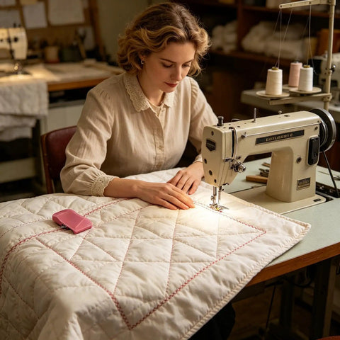 Woman sewing on a machine with quilt, using Seam Guide With Magnetic Alignment For Sewing Machines, Easy Clamp Tool visible.