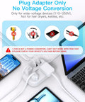 US To European Travel Plug Adapter With 3 Foot Extension Cord Type C E F Power Converter connected to devices with warning information.