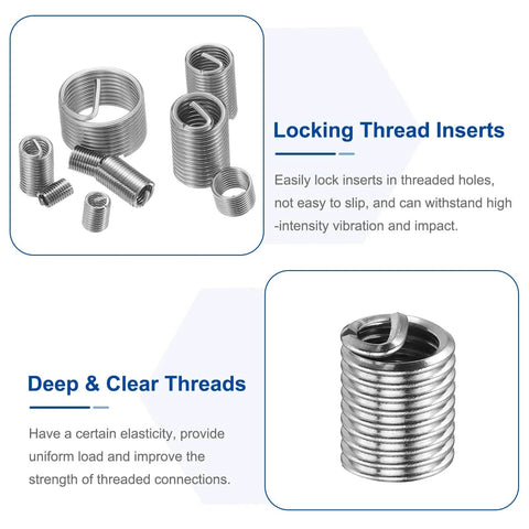 No-Fuss Wire Thread Inserts Kit 1/4-20 UNC Helical Coiled Type 304 Stainless Steel Thread Repair Sleeves, close-up view