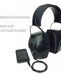 Impact Pro Electronic Earmuff With NRR 30 For Shooters Amplifies Ambient Noise Up To 4x Built In Microphones, black earmuff shown with 3.5 mm cord and device