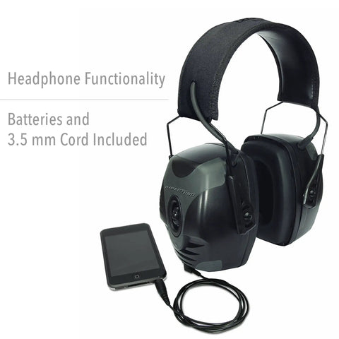 Impact Pro Electronic Earmuff With NRR 30 For Shooters Amplifies Ambient Noise Up To 4x Built In Microphones, black earmuff shown with 3.5 mm cord and device