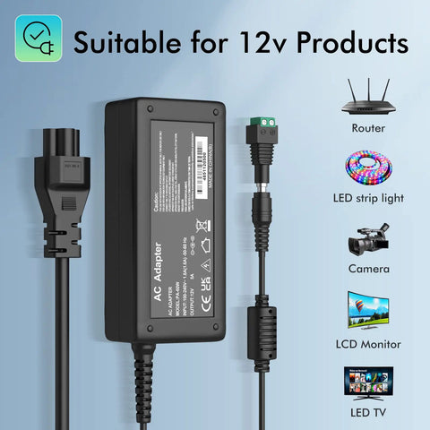 12V 5A DC Power Supply for LED Strip Lights, 60W AC to DC Converter, suitable for 12V products like routers and cameras.
