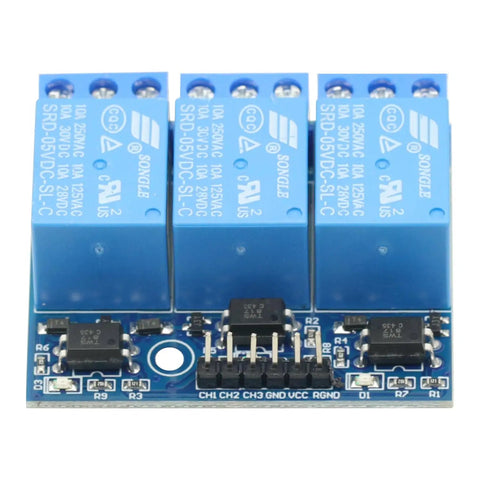 Three Channel 5V Relay Module With Optocoupler Isolation for Arduino Projects, 63x42mm expansion board, front view