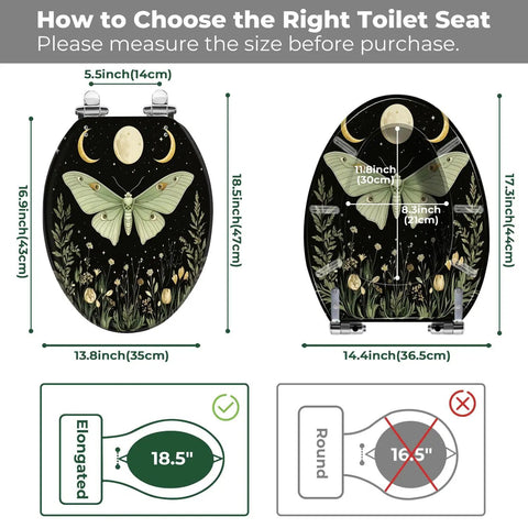 Elongated Resin Toilet Seat for Bathroom comparison showing dimensions for fitting, with butterfly design and measurement guide.