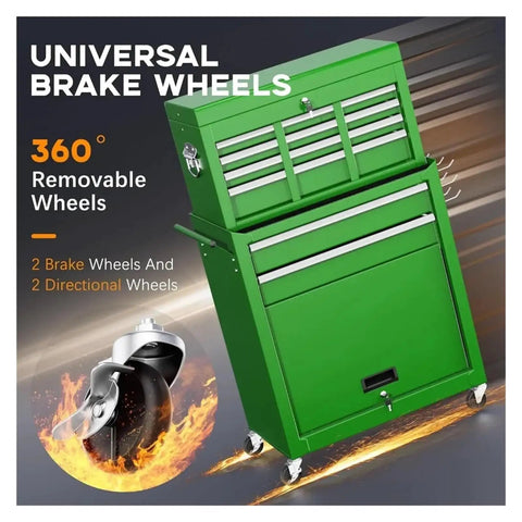 Rolling Tool Chest With 8 Drawers And 2-In-1 Detachable Tool Chests Workhorse Portable Heavy-Duty Steel Cabinet With Lockable Wheels And Smooth Sliding Drawers Ideal For Garage Shop Or Warehouse Organization And Easy Transport. Green steel rolling tool chest with brake wheels