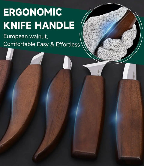 Ergonomic knife handles of the Wood Carving Kit 30 Piece Tools Set With Leather Storage Bag Slick Deluxe Whittling Kit For Beginners And Pros.