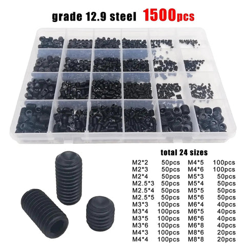 304 Stainless Steel Black Hex Socket Allen Cup Point Grub Bolts Set Screw Kit With Divided Storage Case 1500 Pieces