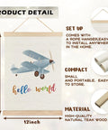 Epic Hot Air Balloon And Airplane Nursery Decor Set Of 2 Posters For Boys Room 12x16 Inch Baby Boy Wall Art With Built In Wooden Hanger Frame Perfect Nursery And Toddler Playroom Hanging Sign featuring airplane design on linen with 'hello world' text and teak wood frame.