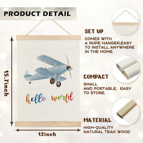 Epic Hot Air Balloon And Airplane Nursery Decor Set Of 2 Posters For Boys Room 12x16 Inch Baby Boy Wall Art With Built In Wooden Hanger Frame Perfect Nursery And Toddler Playroom Hanging Sign featuring airplane design on linen with 'hello world' text and teak wood frame.
