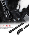 Close-up of 46 Piece Drive Socket And Ratchet Set With 72 Tooth Reversible Ratchet, Extension Bar Kit in use in a car engine.