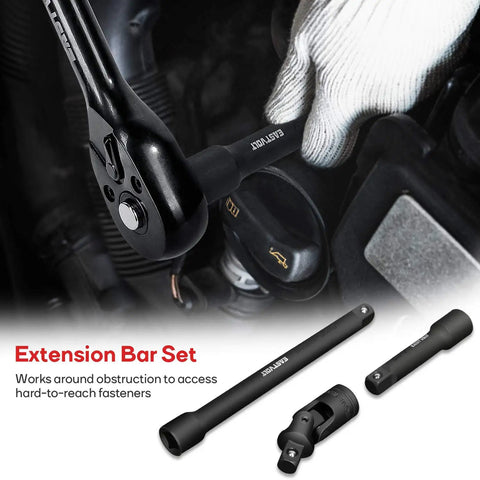 Close-up of 46 Piece Drive Socket And Ratchet Set With 72 Tooth Reversible Ratchet, Extension Bar Kit in use in a car engine.