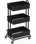 Beefy Steel Frame 3 Tier Metal Utility Rolling Cart With Black Finish for home garage kitchen organization with four 2 in casters