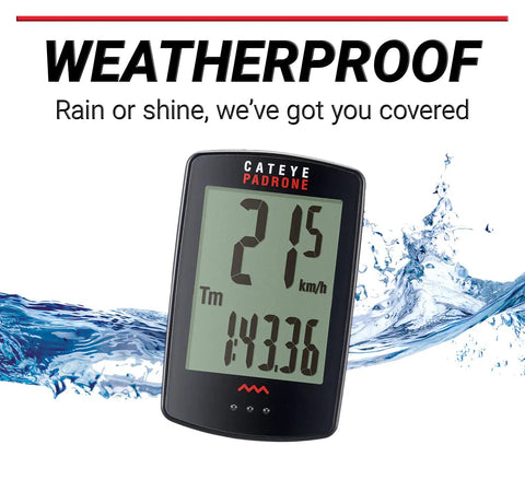 Padrone Wireless OF-100 Bike Computer With Oversized Display, weatherproof design, large numbers, water splash background