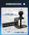 Diagram of 3 In 1 ATV UTV Trailer Hitch Adapter With Two Inch Ball And Clevis Pin For One And A Quarter Inch Hitch Receiver Fits Lawn Mower Tractor Utility Trailer Farm Equipment Hauling, showing dimensions and towing capacities.