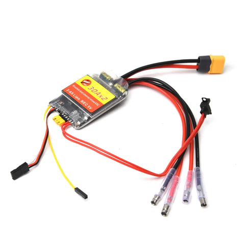 Dual 30A Brushed ESCs for 2 to 6S RC vehicles bidirectional control with PWM input and superior heat dissipation for tanks boats cars rigs