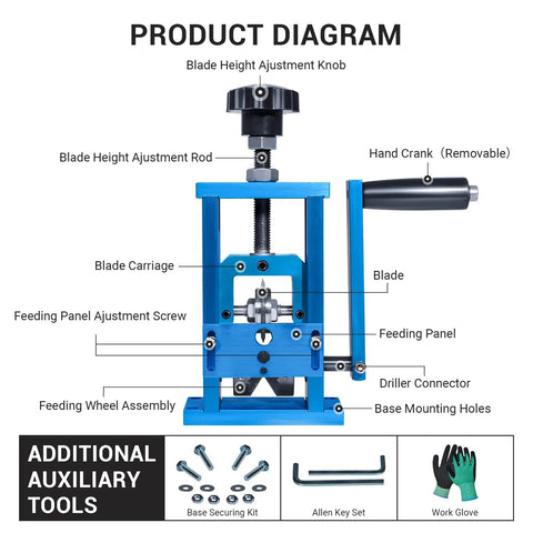 Product diagram of Drill Powered Wire Stripper Machine for Scrap Copper Recycling with hand crank and auxiliary tools.