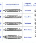 Six Piece Screw Extractor Set For Damaged Screws And Rusty Bolts HSS High Speed Steel Removers with sizes and uses displayed