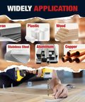 Image showing a person using a drill on wood with application icons for iron, plastic, wood, stainless steel, aluminum, and copper.