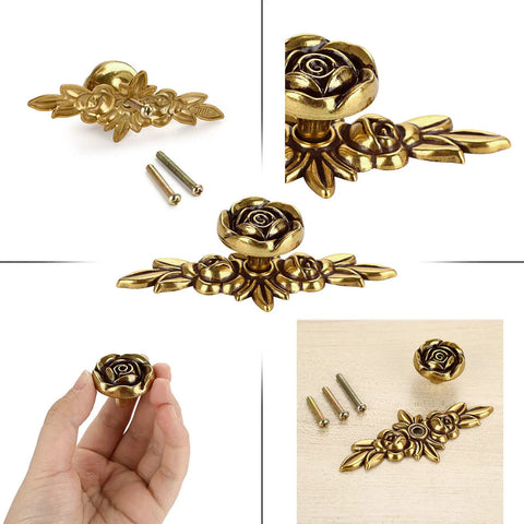 Euro Rose Floral Ivory Cabinet Knobs With Backplates Set Of 5 Drawer Pulls in vintage style featured in different views