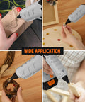 Four images showing Cordless 20V Hot Glue Gun Pro Grade Full Size With 12 Glue Sticks, 2.0Ah Battery And Charger Included in use.