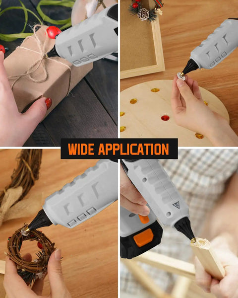 Four images showing Cordless 20V Hot Glue Gun Pro Grade Full Size With 12 Glue Sticks, 2.0Ah Battery And Charger Included in use.