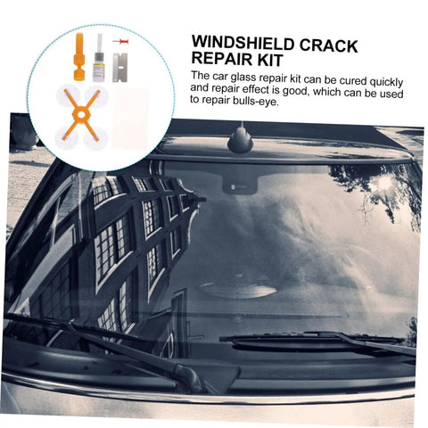 Quick Fix Windshield Crack Repair Kit For Cars shown with tools and a repaired windshield surface