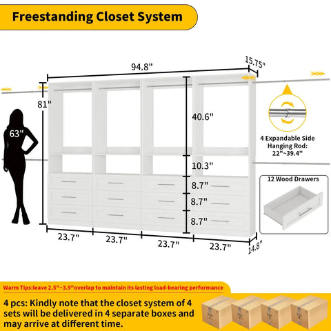 Total Glow Up For Your Space With Massive Freestanding Modular Closet System Featuring Solid Wood Drawers Hanging Rods And Shelves In White For Effortless Clutter Crushing, dimensions and layout shown.