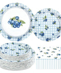 Awesome Blueberry Party Supplies 200 Piece Disposable Tableware Set Serves Fifty Includes Gingham Dessert Plates And Berry Napkins For Birthday Picnics That Hits Different And Gives Major Celebration Vibes - Gingham dessert plates stack with blueberry design.