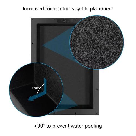 Close-up of textured surface and angle design of Shower Niche Shelf For Tiled Bathrooms 17 By 25 By 4 Inches.