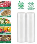 Vacuum Sealer Bags Rolls 2 Pack 11 Inch By 20 Foot Heavy Duty Storage Bags For Freezer And Sous Vide BPA Free Commercial Grade Keeps It Fresh And Ready Fits All Vacuum Sealers shown with food examples.