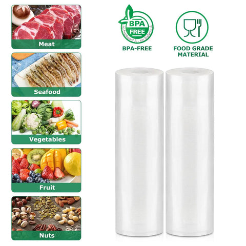 Vacuum Sealer Bags Rolls 2 Pack 11 Inch By 20 Foot Heavy Duty Storage Bags For Freezer And Sous Vide BPA Free Commercial Grade Keeps It Fresh And Ready Fits All Vacuum Sealers shown with food examples.