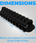 Rock Solid Dual Entry Wire Connectors With Ten Heavy Duty Ports And Slick Black Vinyl Protective Sleeve For Copper Or Aluminum Wiring Straight Up Reliability Terminal Block dimensions 13.58" by 3.6".