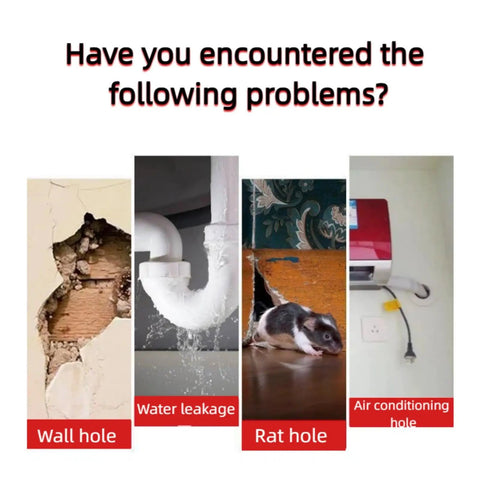 Quick Dry Waterproof Sealant Paste For Instant Wall Hole And Gap Patching, Heavy Duty Filler Putty That Closes Pipe Joints Without Breaking A Sweat, Dependable White Six Piece Home Kit showing wall hole, water leak, rat hole, air conditioning hole. 