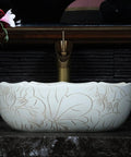 USZWBY Vessel Sinks Vessel Sink Square Vintage Hand Carved Lotus Pattern Countertop Ceramic Bathroom Art Basin Bathroom Bowl Sink on marble countertop