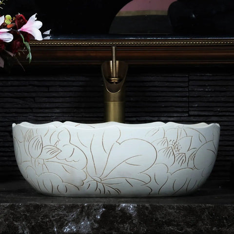 USZWBY Vessel Sinks Vessel Sink Square Vintage Hand Carved Lotus Pattern Countertop Ceramic Bathroom Art Basin Bathroom Bowl Sink on marble countertop