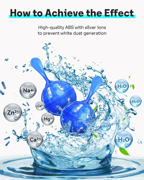 Blue humidifier cleaner balls splash in water, with chemical symbols, indicating demineralization. Humidifier Cleaner 12 Pack Demineralization Cleaning Balls That Work In All Humidifiers And Fish Tanks Purifies Water Prevents Hard Water Build Up And Scale Extends Lifespan Of Your Unit And Keeps Mists Clean displayed.
