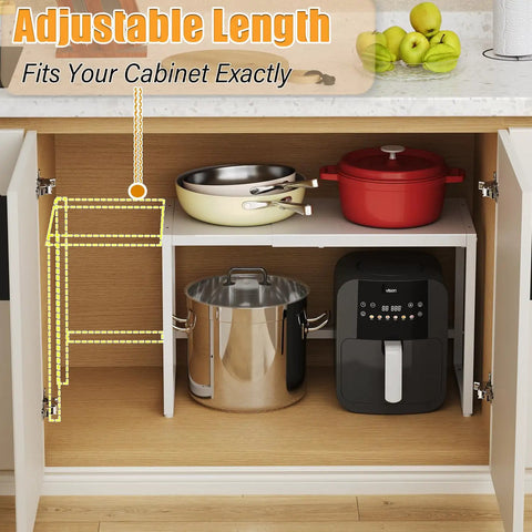 Beefy Expandable Heavy Duty Metal Storage Shelves With 150 Pound Capacity Adjustable Length And Height Fits Kitchen Garage Pantry And Warehouse Storage Rack Organizer For Pots Pans Microwave Small Appliances White, under-cabinet view