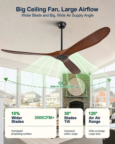 BOOMJOY 72 Inch Ceiling Fan No Light, Wood Outdoor Ceiling Fans for Patios showcasing wide blades and airflow features.