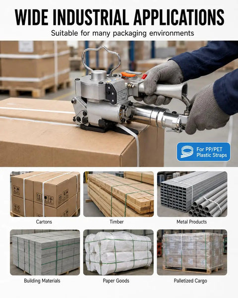 Handheld Pneumatic Baler Strapping Tool With 3500 N Automatic Tensioning Welding And Cutting Function For Buckle Free Packaging Of Heavy Duty PP PET Straps In Factory Warehouse Settings Effortlessly securing cardboard boxes.