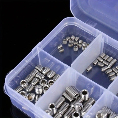 Stainless Steel Wood Screws And Hex Set Screws Kit 400 Pieces with cup point socket head in compartment case